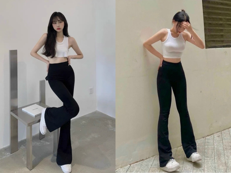 Phối quần ống loe với áo croptop ba lỗ
