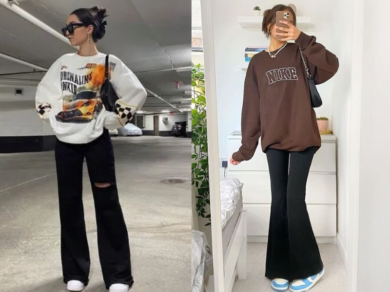 Phối quần ống loe với áo sweater