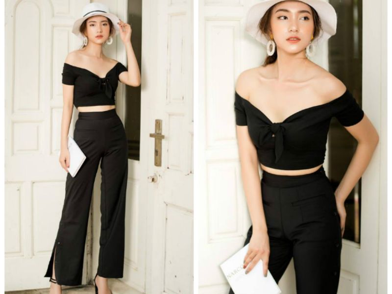 Phối quần ống loe với áo trễ vai
