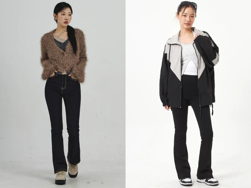 Phối quần ống loe với áo khoác nữ