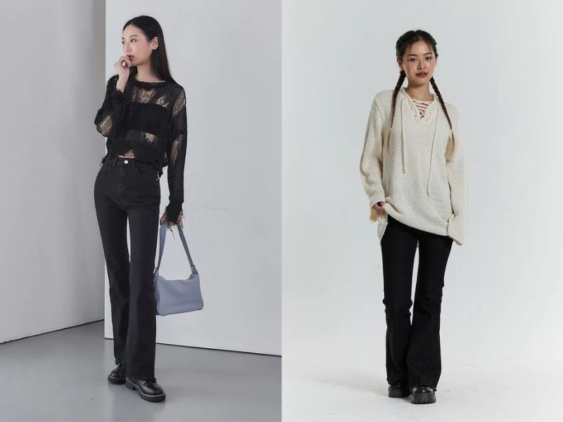 Phối quần ống loe với áo len dáng dài