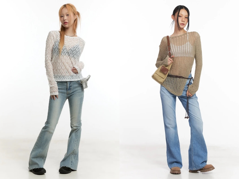 phối áo hai dây và áo lưới cùng quần ống loe