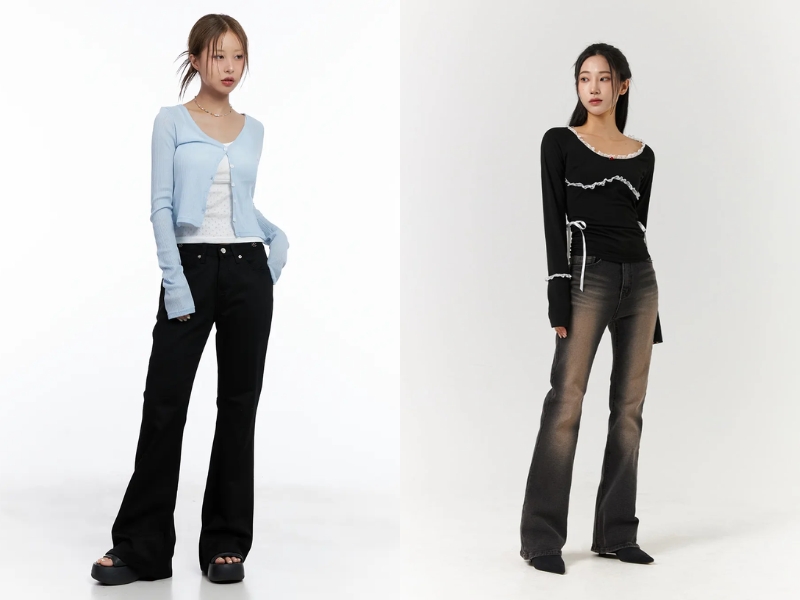 Phối quần ống loe với áo ôm tay dài