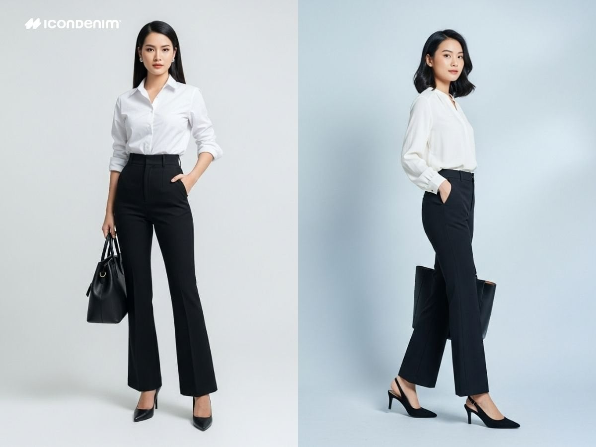 Phối quần ống loe đen và áo sơ mi trắng