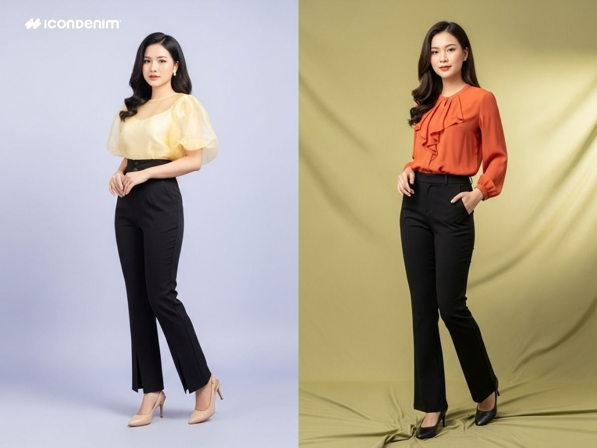 Outfit quần ống loe đen và áo blouse thanh lịch