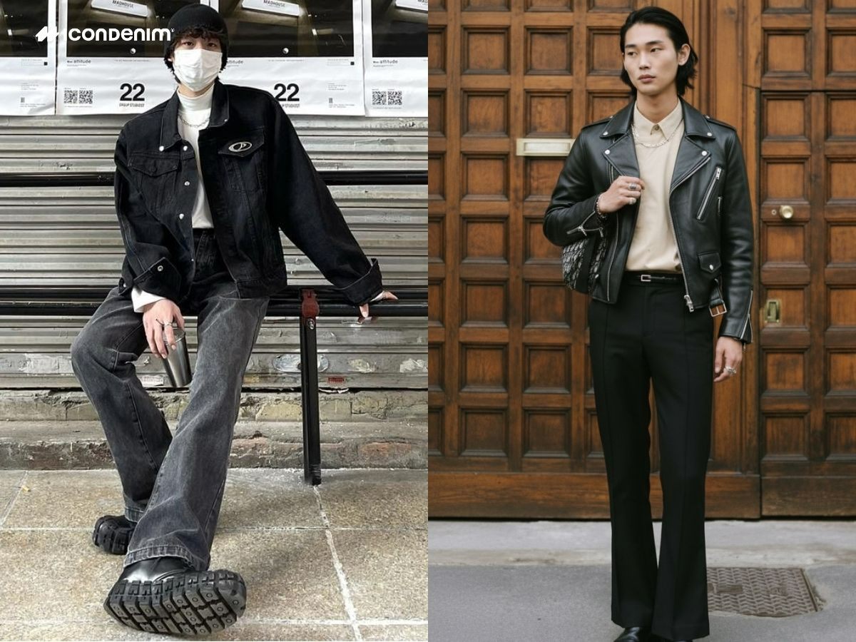 Outfit cá tính quần ống loe đen và áo khoác da hoặc denim