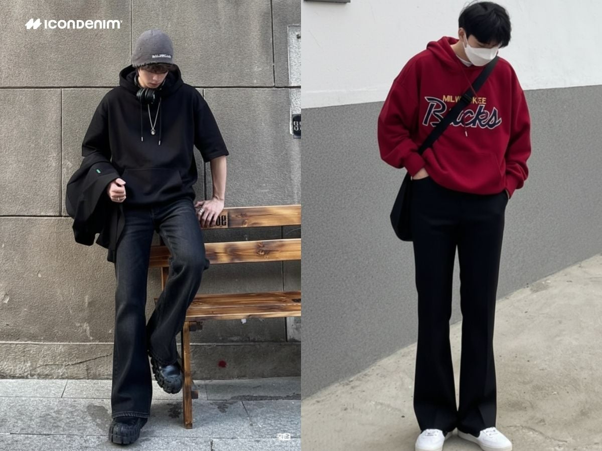 Phối áo hoodie oversized và quần ống loe đen