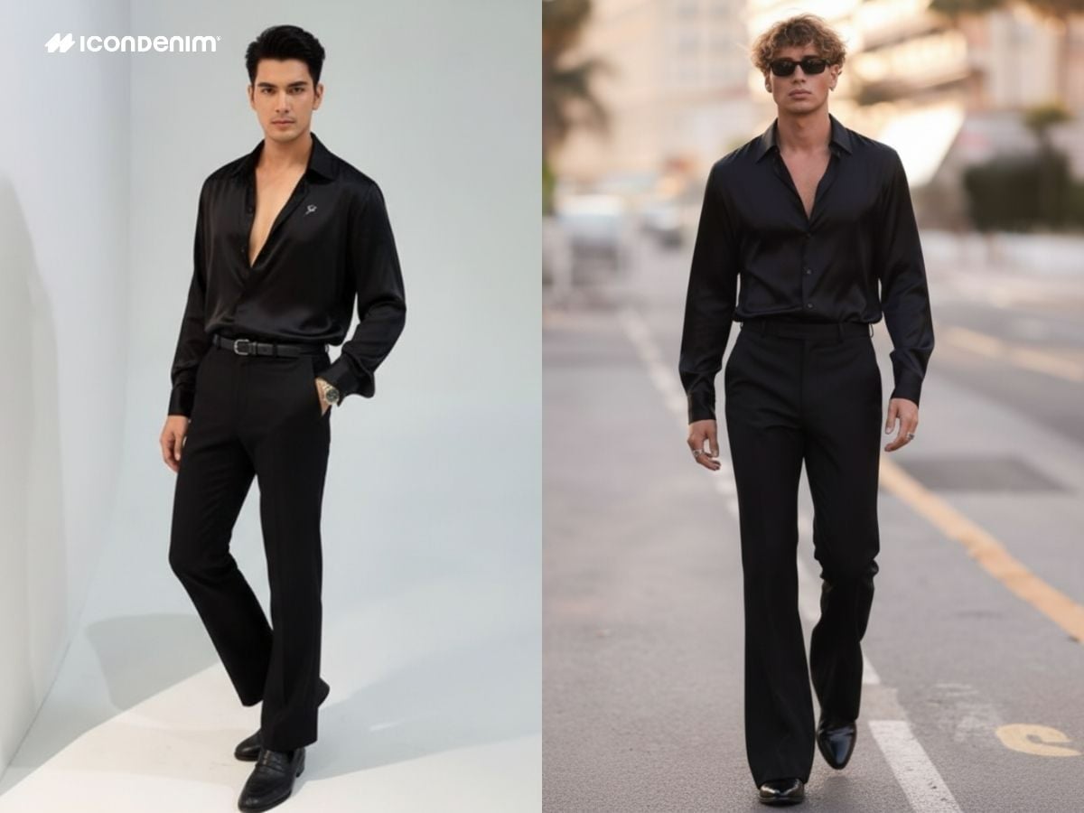 Phối quần ống loe đen nam với áo sơ mi lụa