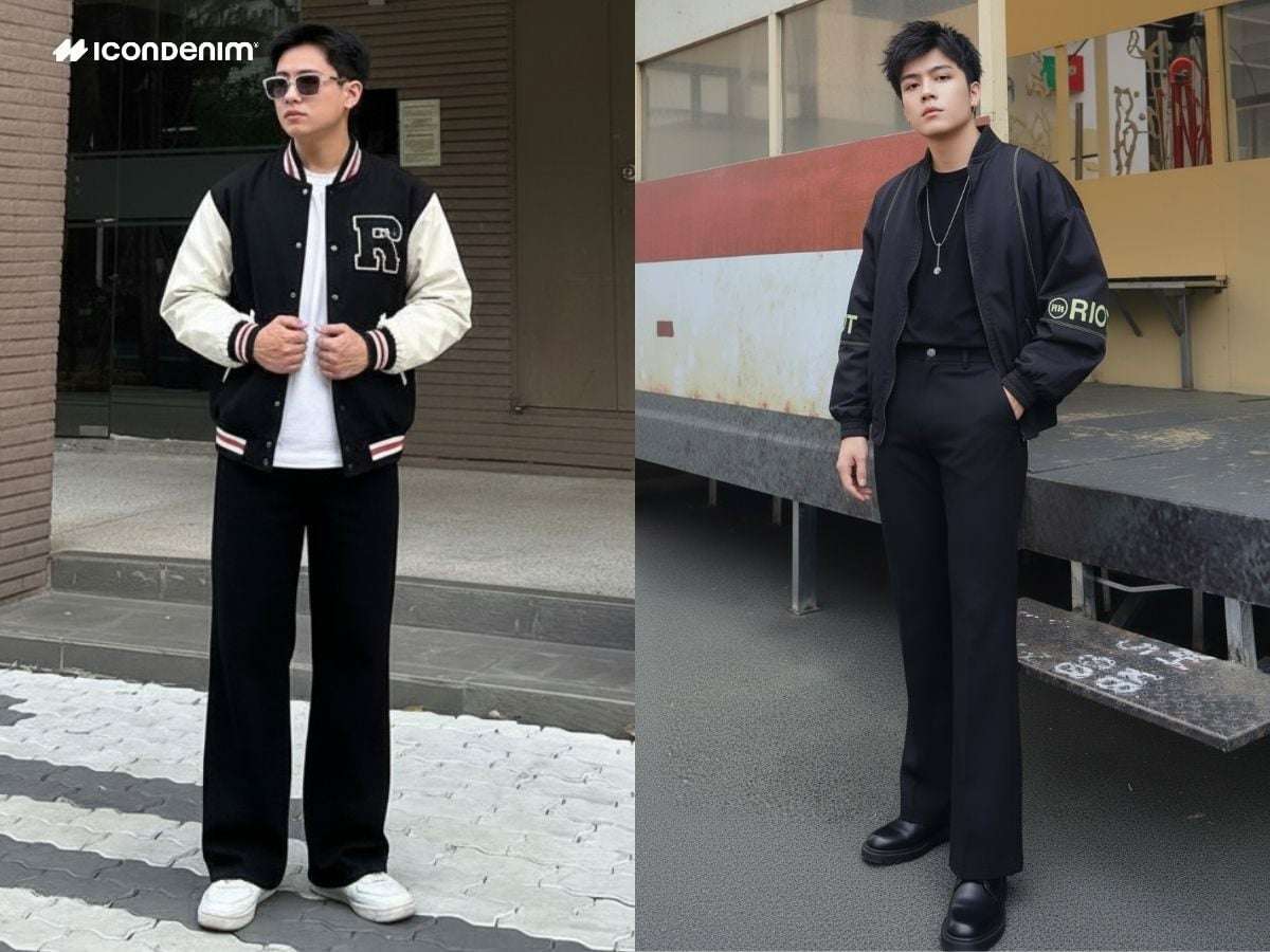 Áo khoác bomber, varsity phối cùng quần ống loe nam