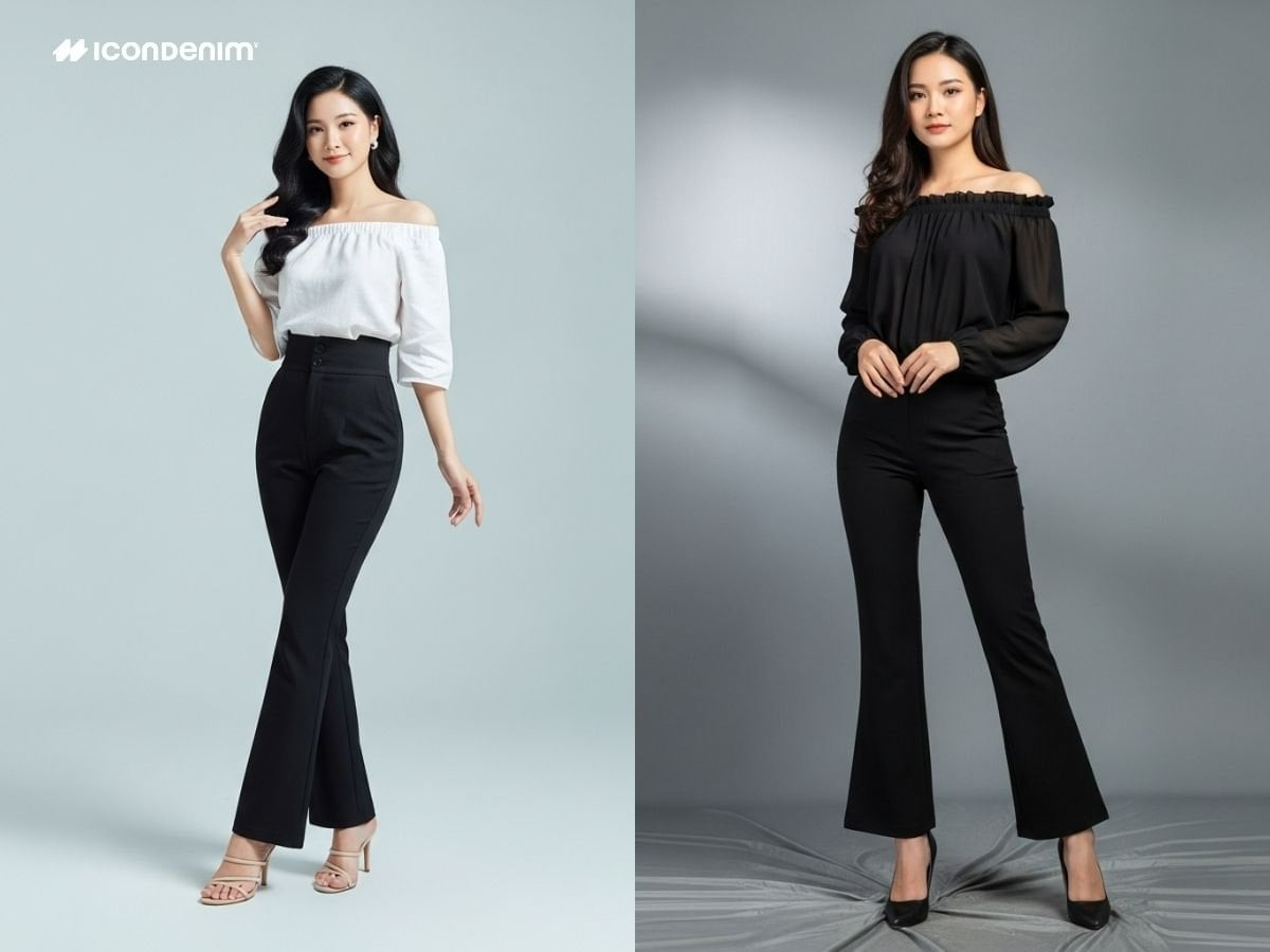 Phối quần ống loe đen nữ với áo trễ vai