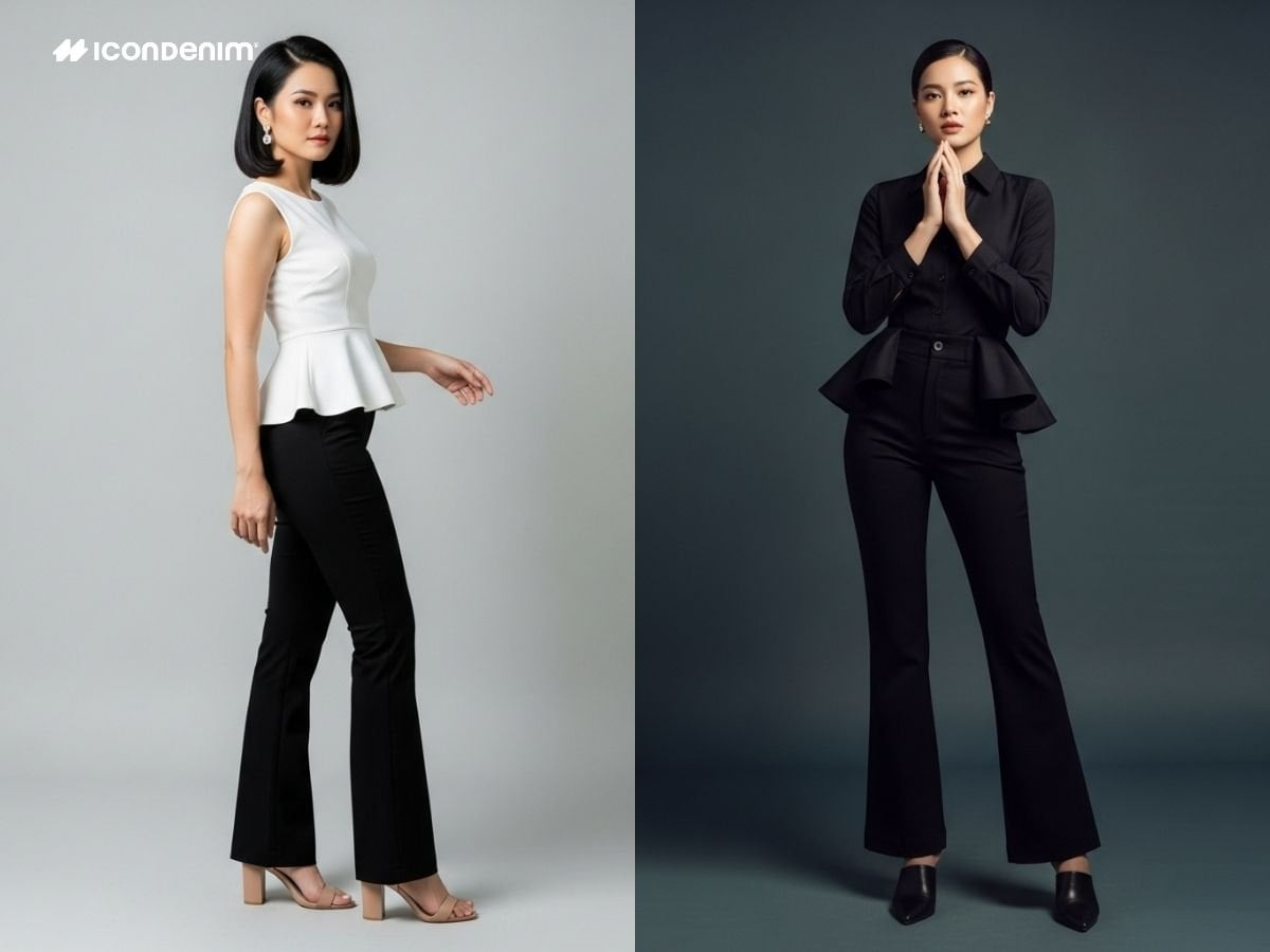 Phối quần ống loe đen nữ với áo trễ vai