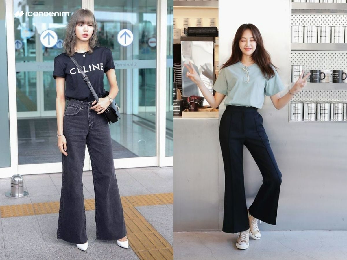 Outfit quần ống loe đen phối với áo thun basic