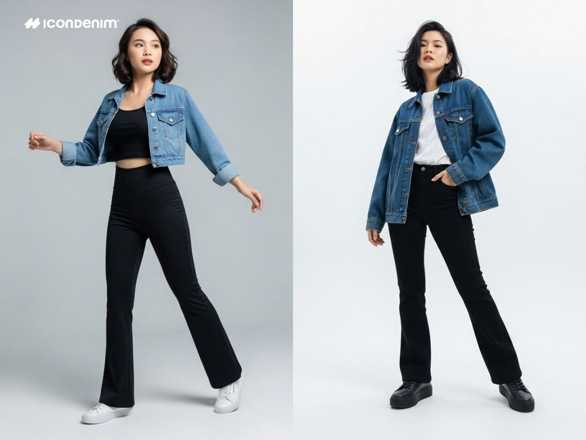 Outfit quần ống loe đen phối với áo thun basic