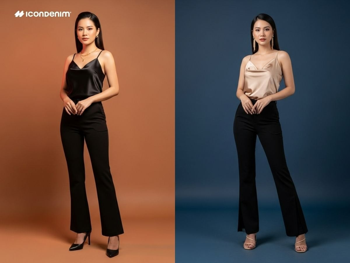 Phối quần ống loe đen và áo hai dây lụa