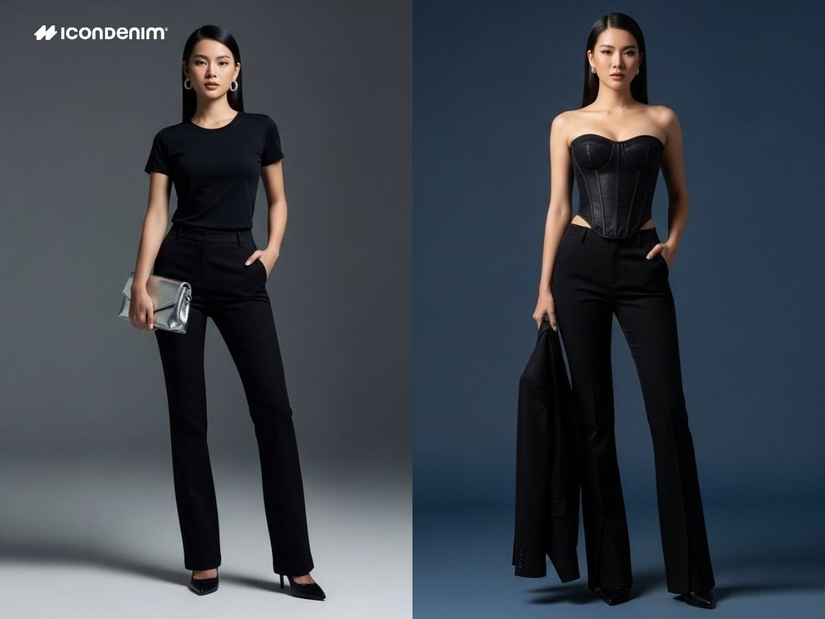 Phối quần ống loe phong cách All Black