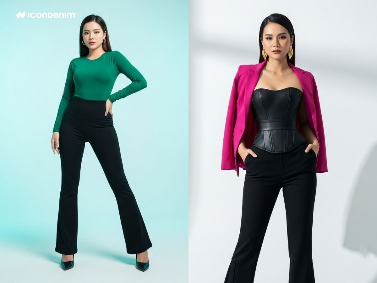 Quần ống loe đen phối áo corset hoặc áo body