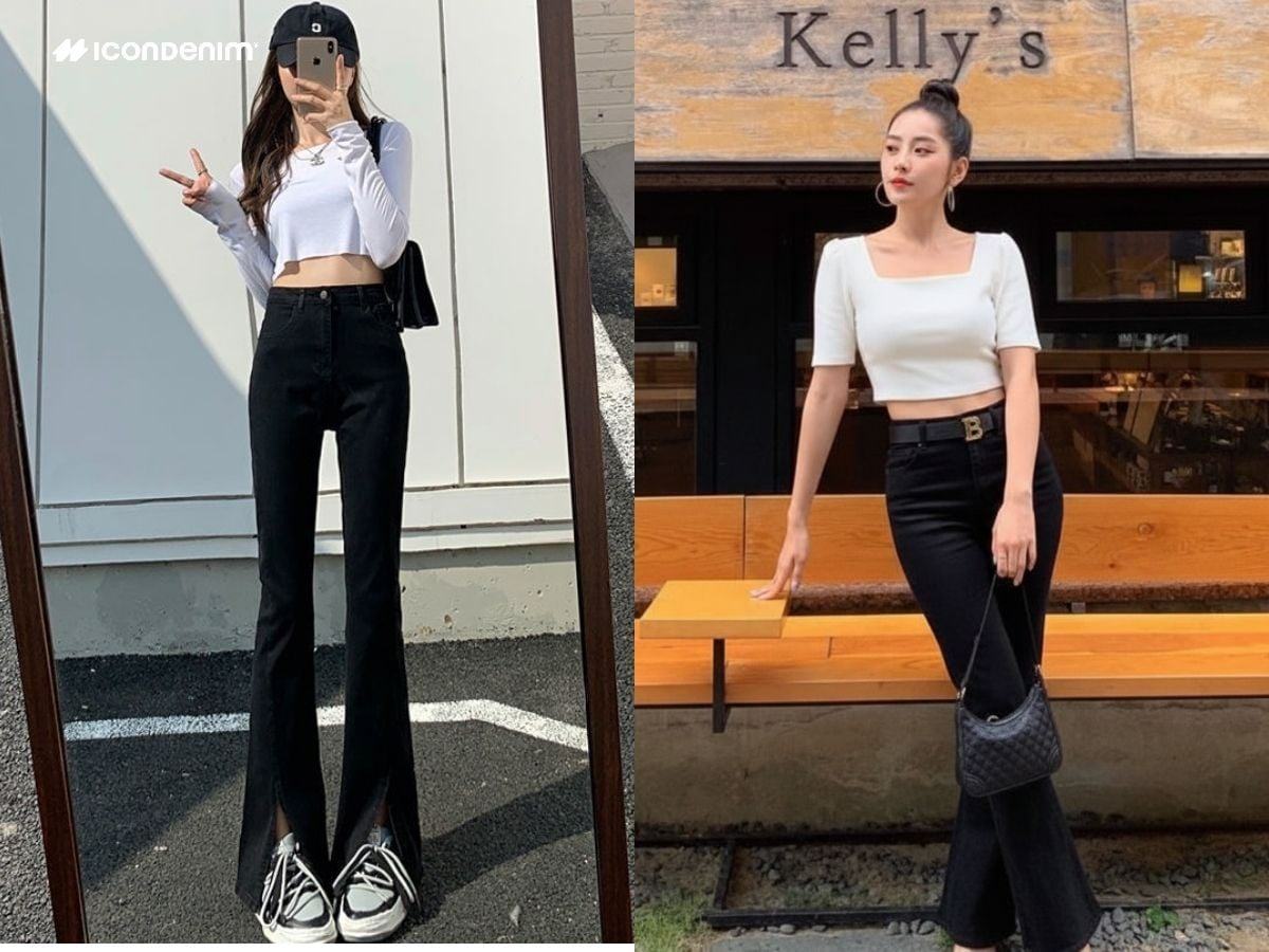 Quần ống loe đen phối cùng áo Crop top nữ