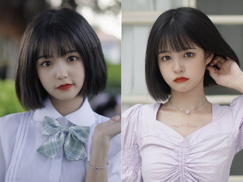 Tóc mái bằng ngắn tóc dày nữ mặt tròn