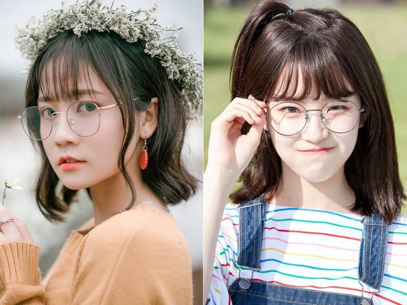 Tóc mái bằng ngắn uốn đuôi với mắt kính