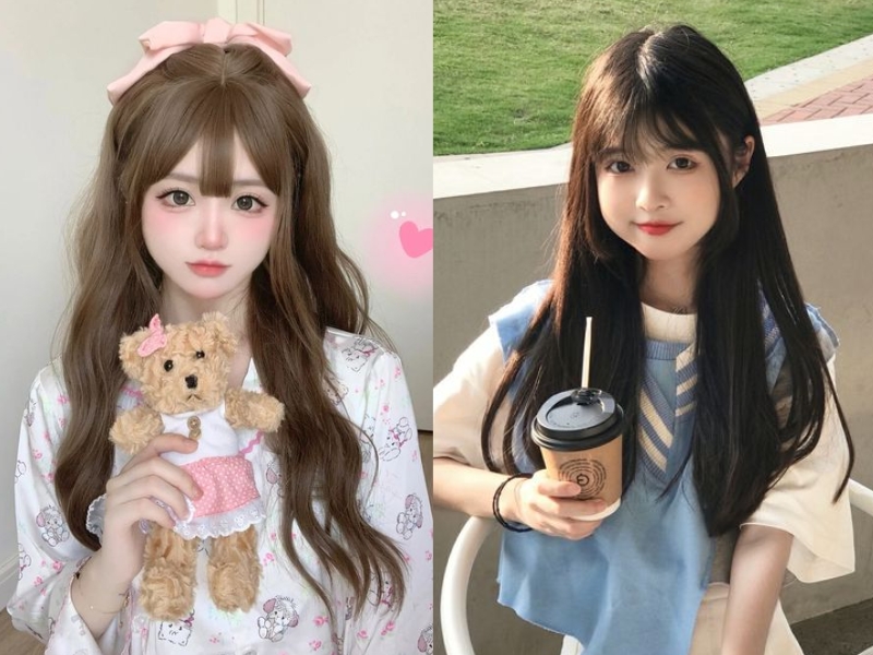 Tóc dài mái bằng xoăn và thẳng cột phía sau với kẹp nơ