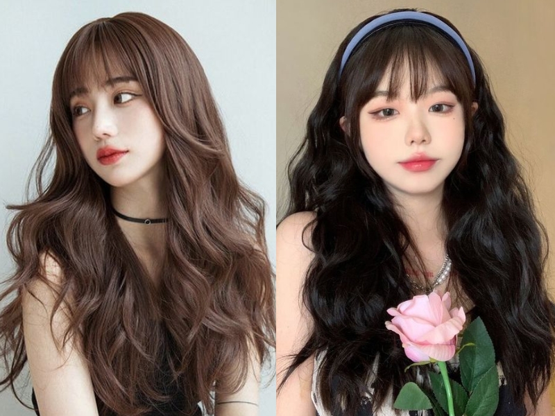 Tóc xoăn mái bằng nhuộm nâu với băng đô