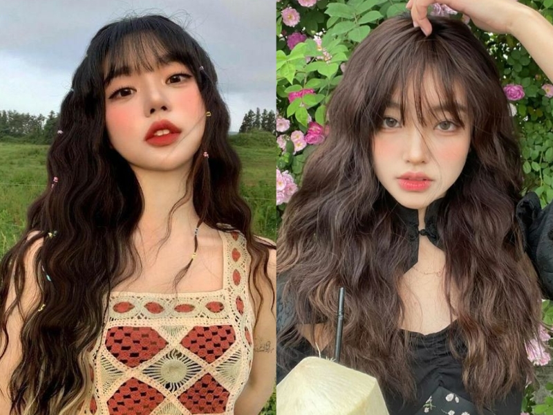 tóc xoăn dài mái bằng với kẹp tóc nhỏ