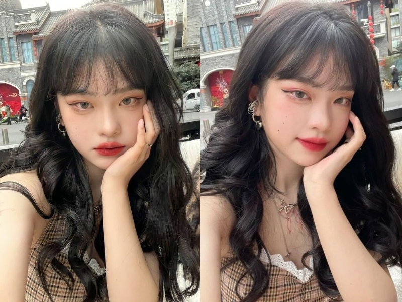 tóc xoăn dài kết hợp mái bằng màu đen