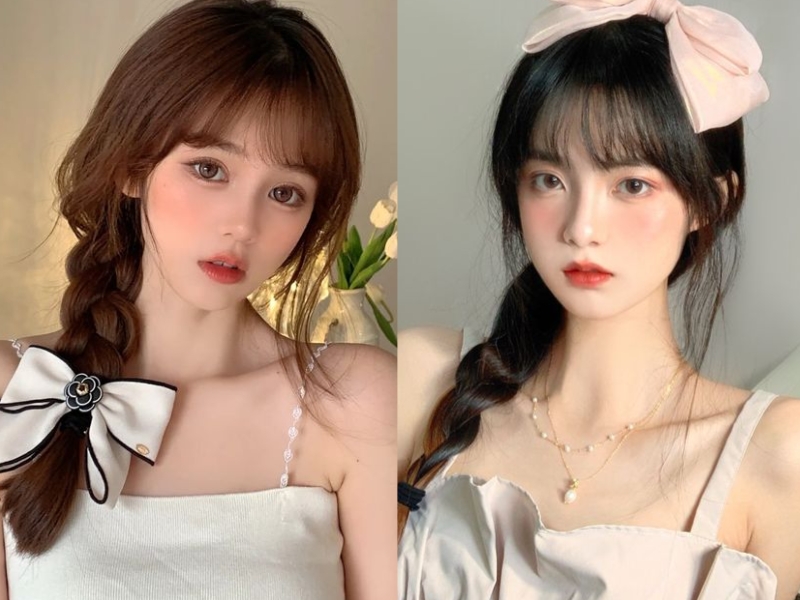 Tóc tết lệch một bên mái bằng với phụ kiện nơ