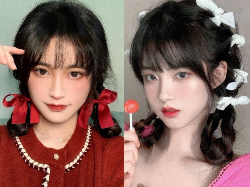 Tóc tết hai bên mái bằng cài nơ