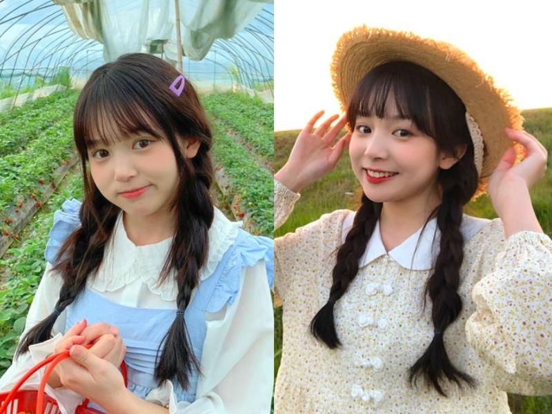 Tóc tết hai bên kết hợp mái bằng với cài tóc hoặc mũ