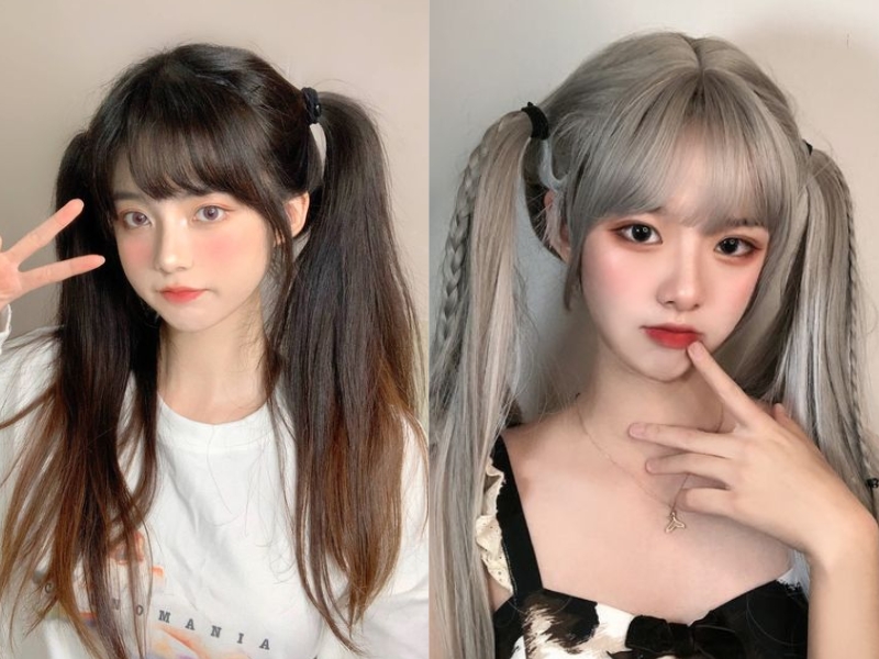 tóc mái bằng buộc cao hai bên nhuộm xám khói