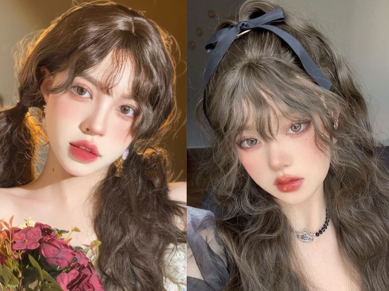 Tóc mái bằng uốn nhuộm nâu sáng