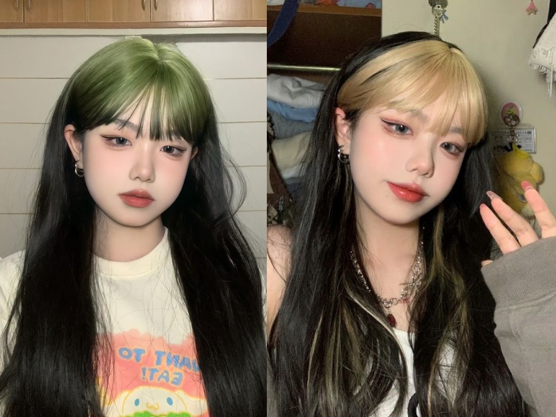 tóc mái bằng nhuộm highlight xanh hoặc vàng