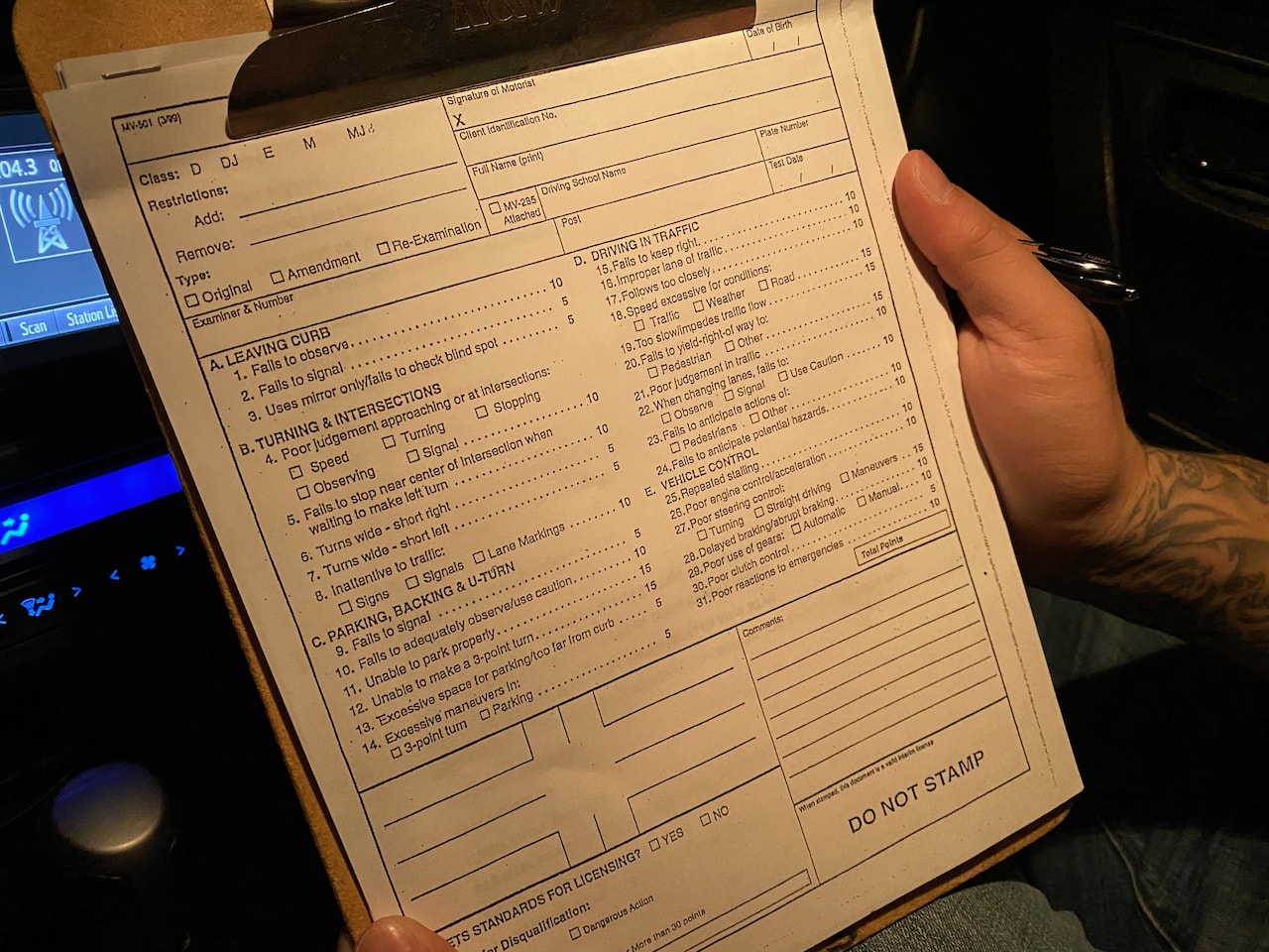 The scoring sheet for the NY driving test