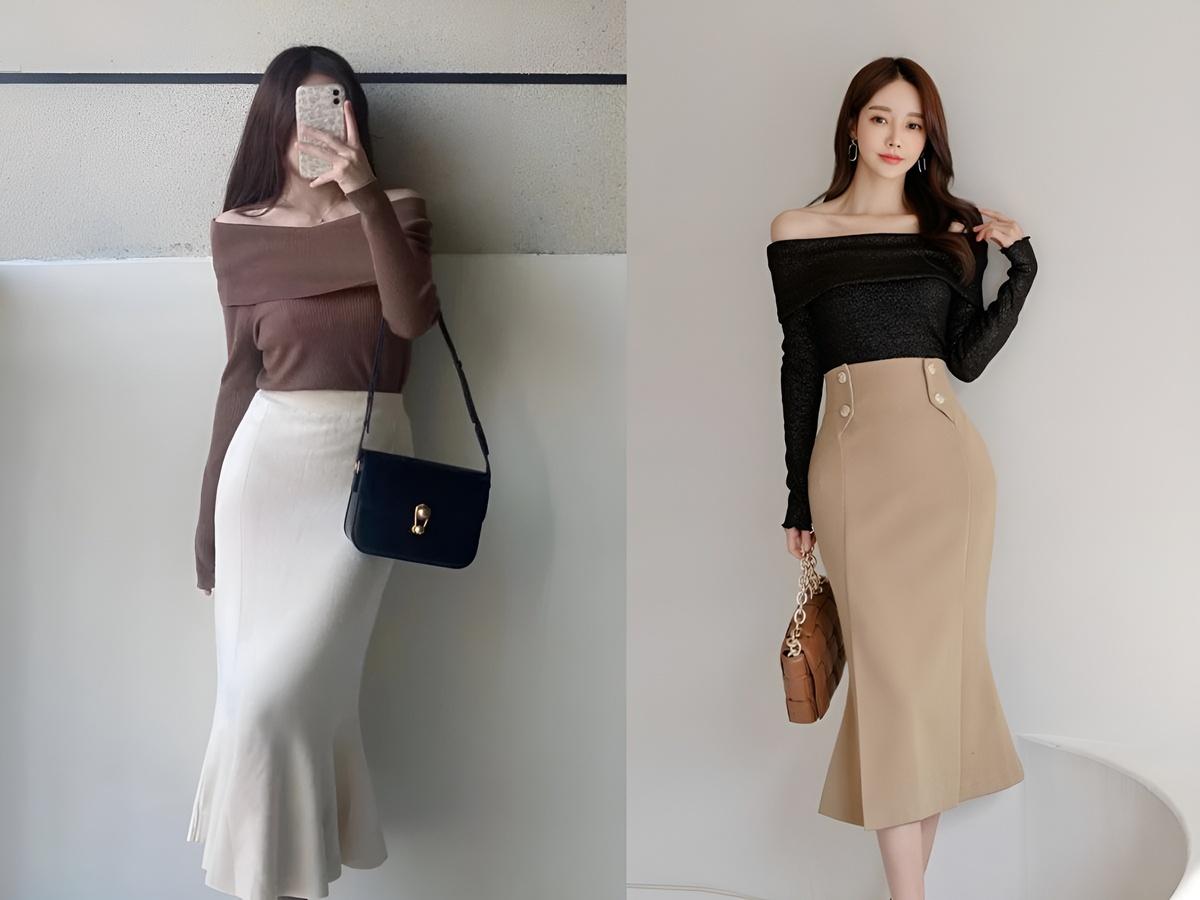 Áo trễ vai phối với chân váy đuôi cá dài tôn lên nét nữ tính, quyến rũ của nàng