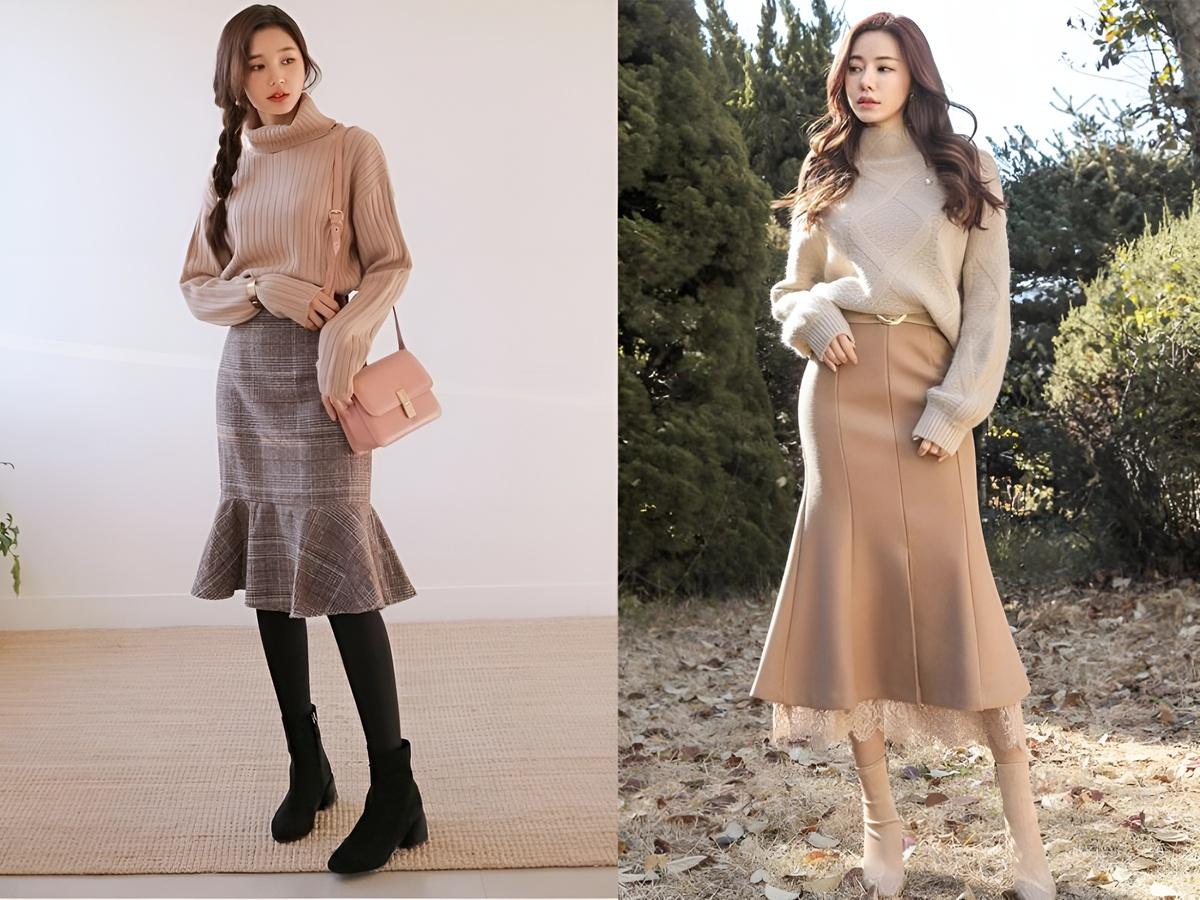 Sự kết hợp áo len với chân váy đuôi cá mang đến vẻ ngoài ấm áp, dịu dàng