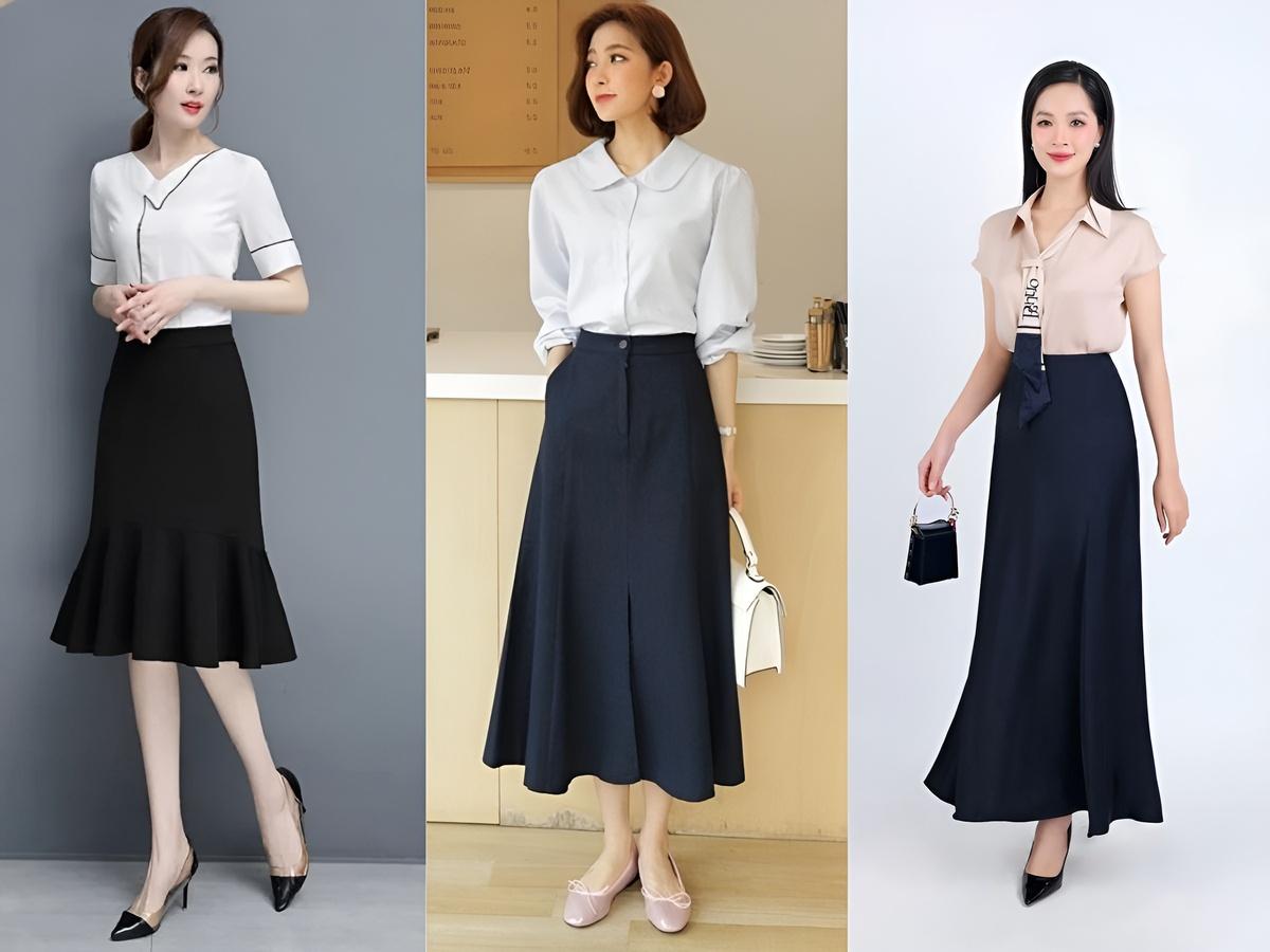 Sự kết hợp áo sơ mi và chân váy đuôi cá dài mang đến vẻ ngoài thanh lịch, chuyên nghiệp và chỉn chu