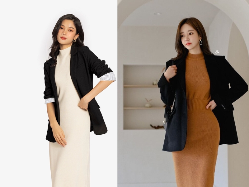 váy len body mặc với áo khoác gì