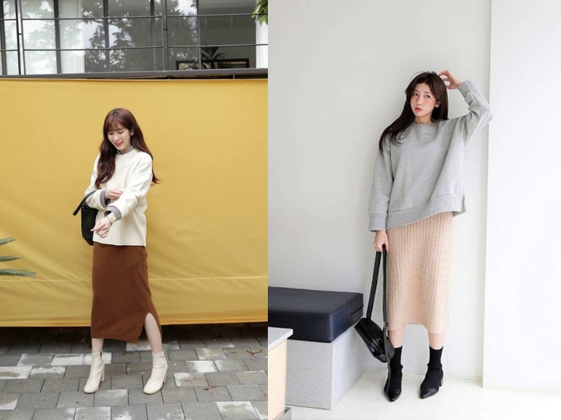 váy len body dáng dài kết hợp với giày gì