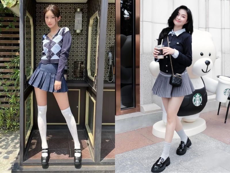 chân váy xòe ngắn mặc với áo gì