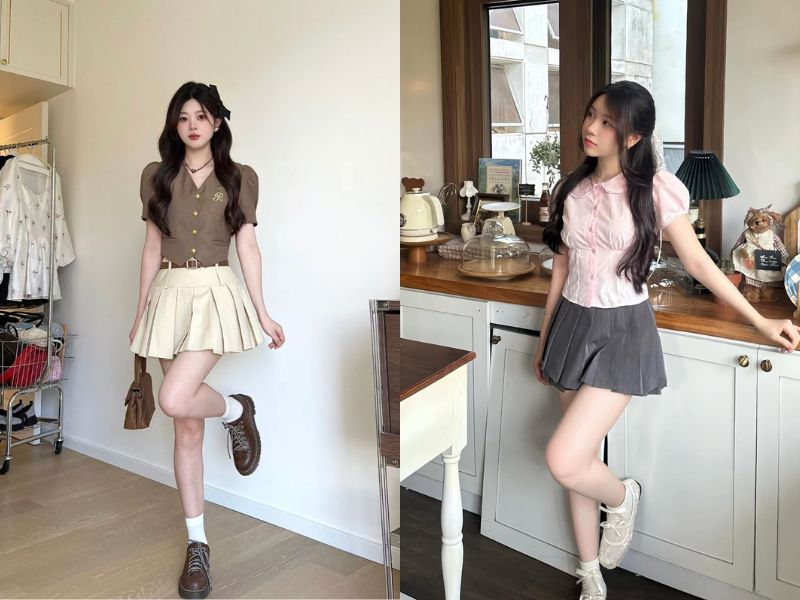 chân váy xòe ngắn phối với áo gì