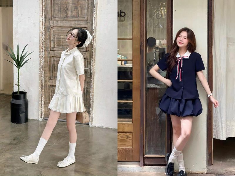 chân váy xòe ngắn kết hợp với áo gì