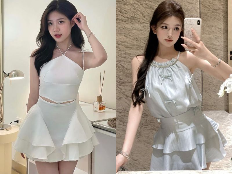 chân váy xòe ngắn phối với áo gì