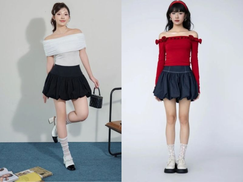 chân váy xòe ngắn phối với áo gì
