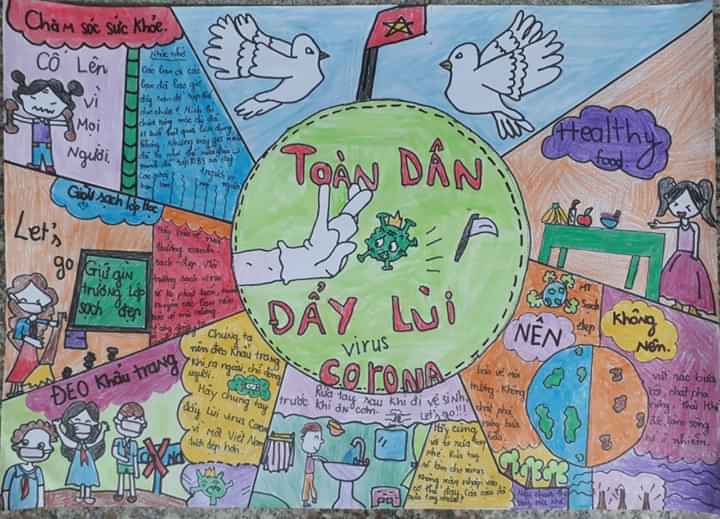 Hàng trăm học sinh cùng vẽ tranh kêu gọi cộng đồng bảo vệ sức khỏe và phòng dịch Covid-19