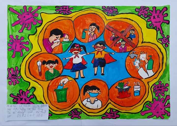 Hàng trăm học sinh cùng vẽ tranh kêu gọi cộng đồng bảo vệ sức khỏe và phòng dịch Covid-19