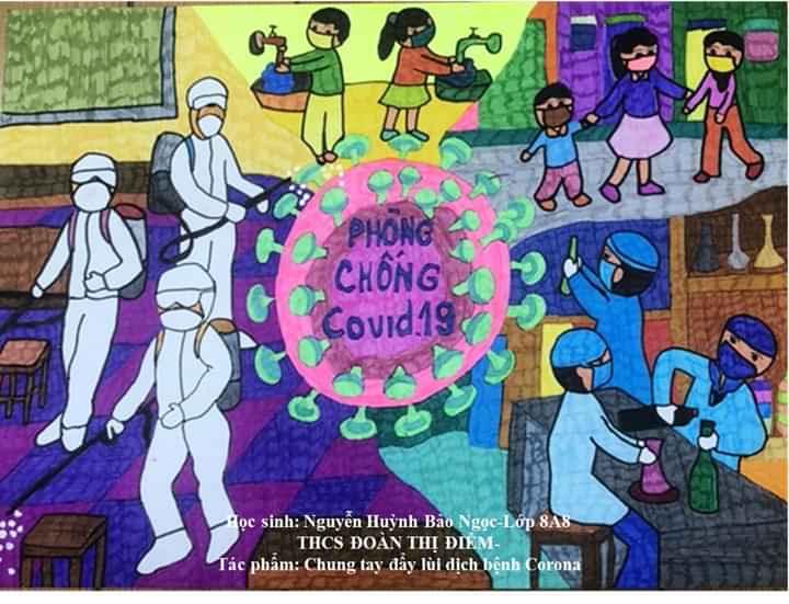Hàng trăm học sinh cùng vẽ tranh kêu gọi cộng đồng bảo vệ sức khỏe và phòng dịch Covid-19