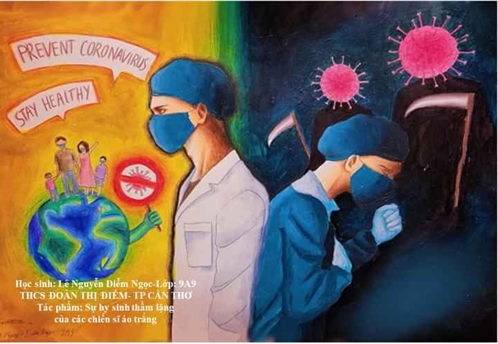 Hàng trăm học sinh cùng vẽ tranh kêu gọi cộng đồng bảo vệ sức khỏe và phòng dịch Covid-19