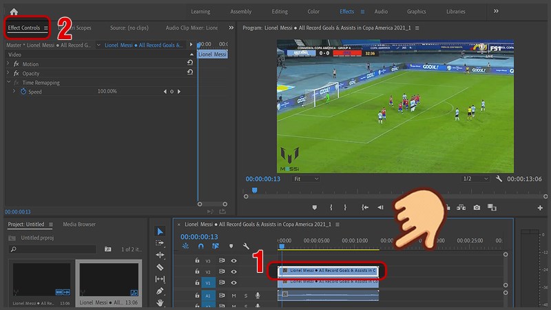 Chọn vào frame video trên và chọn tab Effects Control