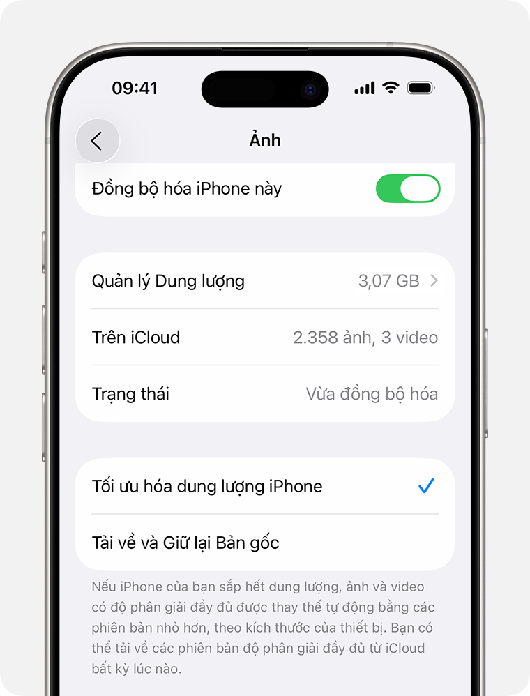 Mục Ảnh iCloud trong phần Cài đặt iCloud hiển thị các tùy chọn trạng thái và dung lượng lưu trữ ảnh